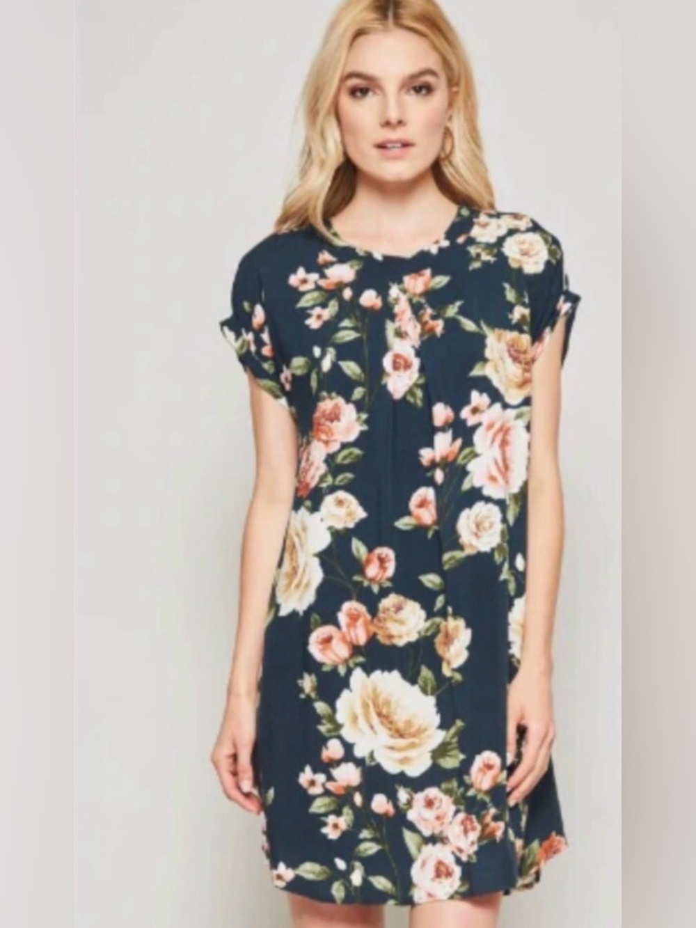 NWT Andree Green Floral Short-Sleeve Shift Mini Dress, Women’s Size Large, Fall